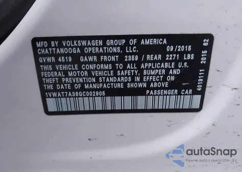 2016 Volkswagen Passat 1.8T S из США, поврежденный, VIN 1VWAT7A36GC002905